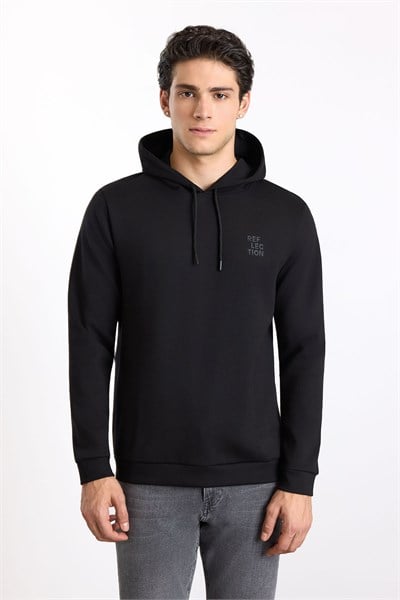 Siyah Regular Düz Baskılı İnterlok Kapüşonlu Cepsiz Sweatshirt