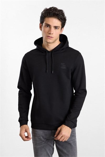 Siyah Regular Düz Baskılı İnterlok Kapüşonlu Cepsiz Sweatshirt