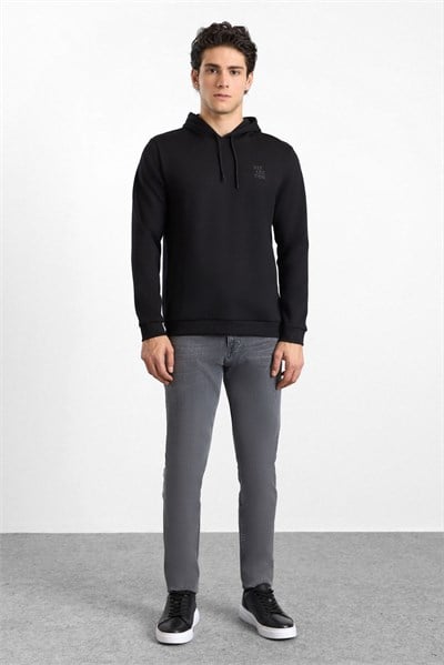 Siyah Regular Düz Baskılı İnterlok Kapüşonlu Cepsiz Sweatshirt