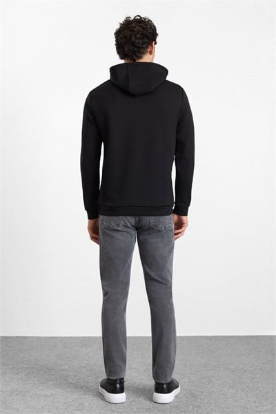 Siyah Regular Düz Baskılı İnterlok Kapüşonlu Cepsiz Sweatshirt