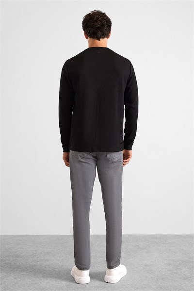 Siyah Regular Düz Baskısız İnterlok Bisiklet Yaka Cepsiz Sweatshirt