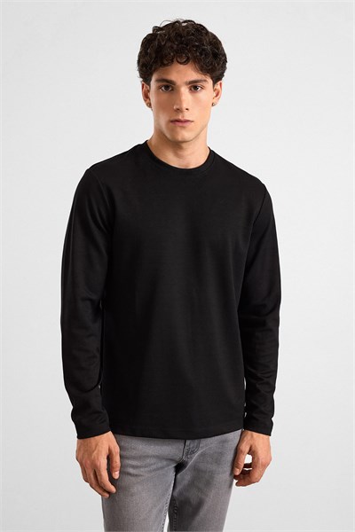 Siyah Regular Düz Baskısız İnterlok Bisiklet Yaka Cepsiz Sweatshirt