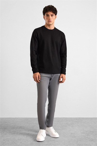 Siyah Regular Düz Baskısız İnterlok Bisiklet Yaka Cepsiz Sweatshirt