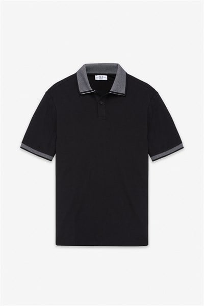 Siyah Regular Düz Baskısız Pike Düğmeli Polo Yaka Nefes Alabilen Tişört