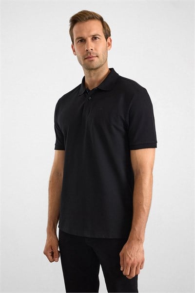 Siyah Regular Düz Baskısız Pike Düğmeli Polo Yaka Standart Tişört