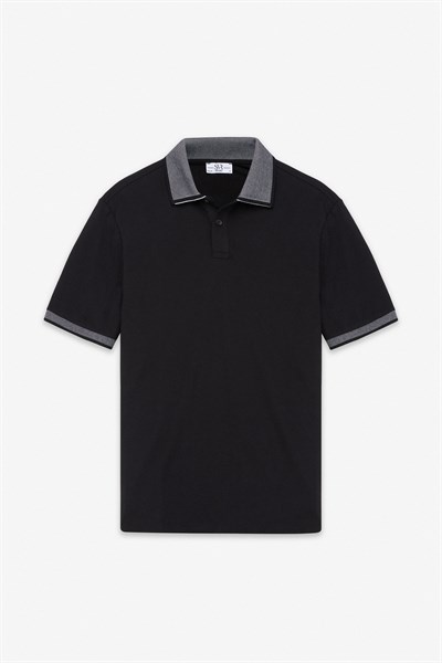 Siyah Regular Düz Baskısız Pike Düğmeli Polo Yaka Nefes Alabilen Tişört