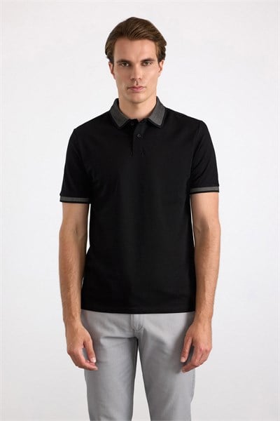 Siyah Regular Düz Baskısız Pike Polo Yaka Standart Tişört