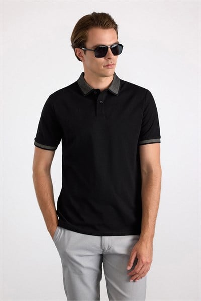 Siyah Regular Düz Baskısız Pike Polo Yaka Standart Tişört