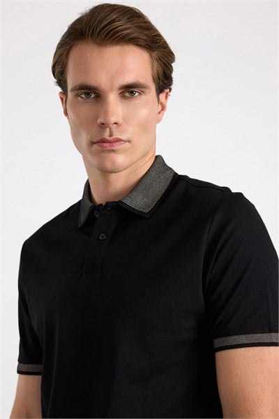Siyah Regular Düz Baskısız Pike Polo Yaka Standart Tişört