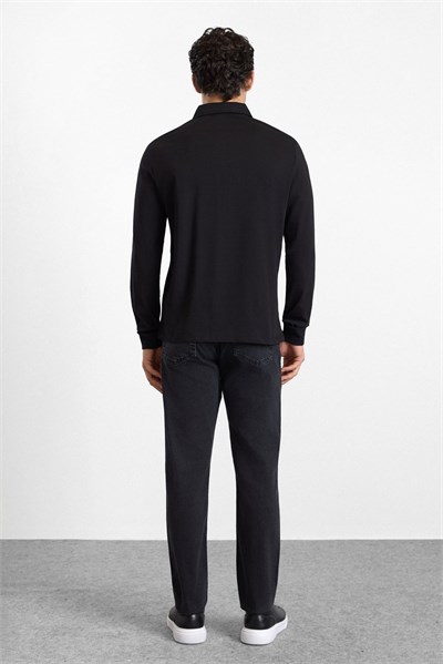 Siyah Regular Düz Baskısız Süprem Düğmeli Polo Yaka Cepsiz Sweatshirt
