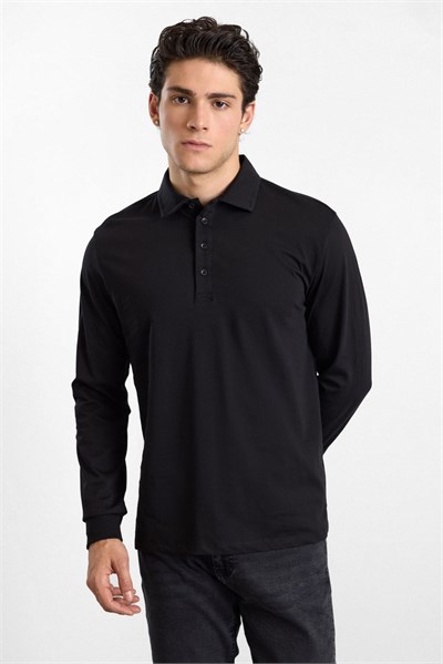 Siyah Regular Düz Baskısız Süprem Düğmeli Polo Yaka Cepsiz Sweatshirt