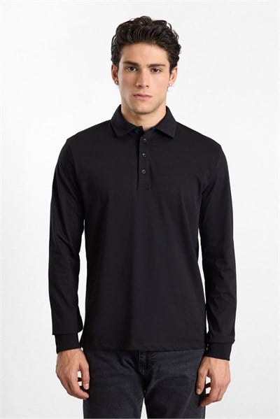 Siyah Regular Düz Baskısız Süprem Düğmeli Polo Yaka Cepsiz Sweatshirt