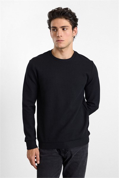 Siyah Regular Düz Baskısız Waffle Bisiklet Yaka Cepsiz Sweatshirt