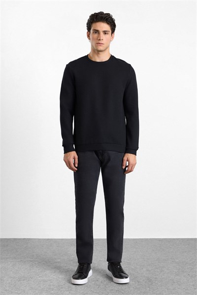 Siyah Regular Düz Baskısız Waffle Bisiklet Yaka Cepsiz Sweatshirt
