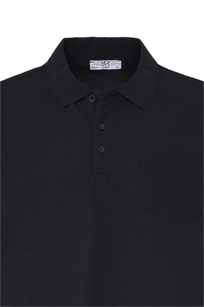 Siyah Regular Düz Baskısız Waffle Düğmeli Polo Yaka Standart Tişört