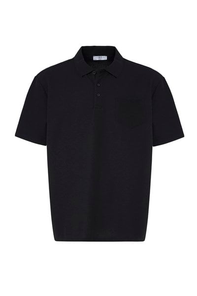 Siyah Regular Düz Baskısız Waffle Düğmeli Polo Yaka Standart Tişört