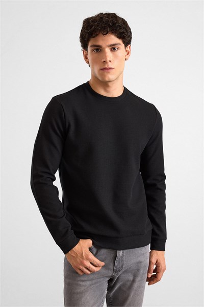 Siyah Regular Düz Bisiklet Yaka Sweatshirt