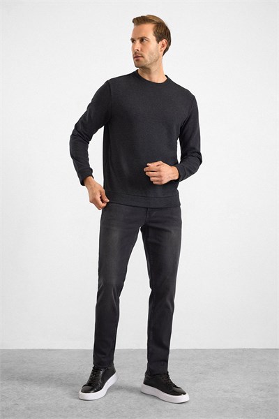 Siyah Regular Düz Bisiklet Yaka Sweatshirt