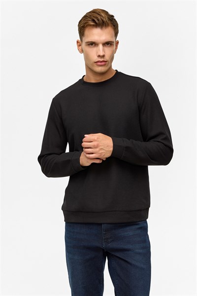 Siyah Regular Düz Bisiklet Yaka Sweatshirt