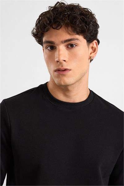 Siyah Regular Düz Bisiklet Yaka Sweatshirt