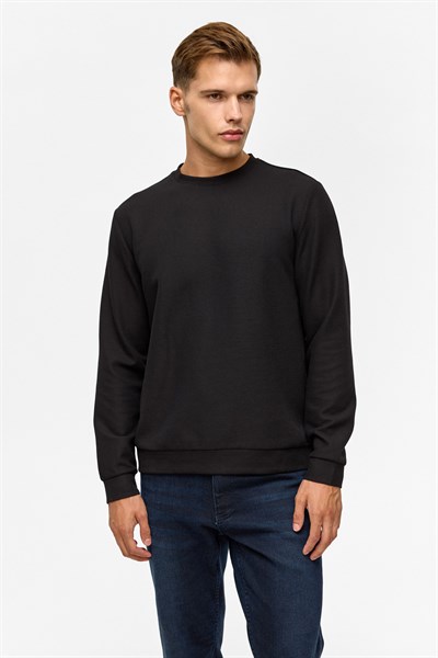 Siyah Regular Düz Bisiklet Yaka Sweatshirt