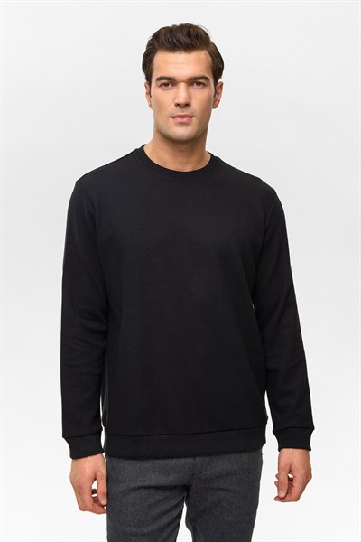 Siyah Regular Düz Bisiklet Yaka Sweatshirt