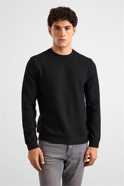 Siyah Regular Düz Bisiklet Yaka Sweatshirt