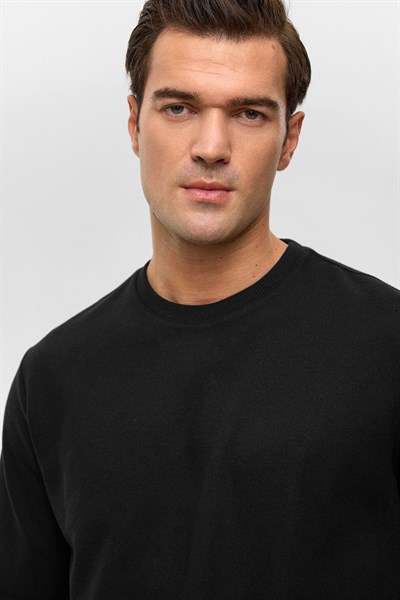 Siyah Regular Düz Bisiklet Yaka Sweatshirt