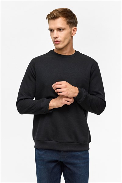 Siyah Regular Düz Bisiklet Yaka Sweatshirt