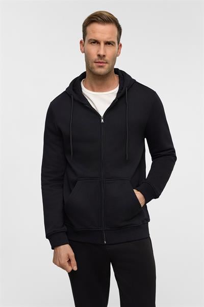 Siyah Regular Düz Bisiklet Yaka Fermuarlı Sweatshirt