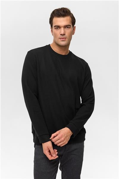 Siyah Regular Düz Bisiklet Yaka Sweatshirt