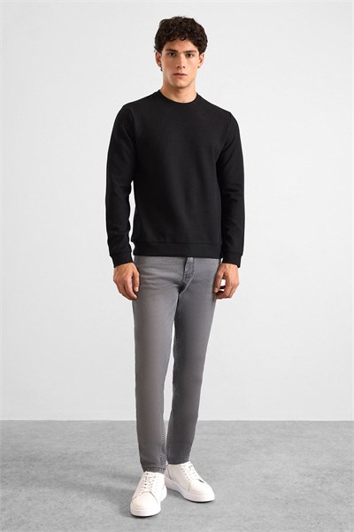 Siyah Regular Düz Bisiklet Yaka Sweatshirt