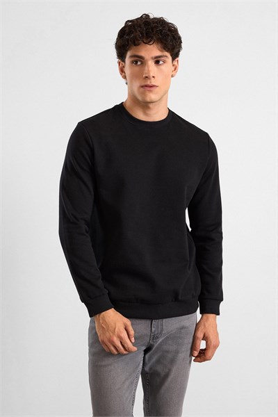 Siyah Regular Düz Bisiklet Yaka Sweatshirt