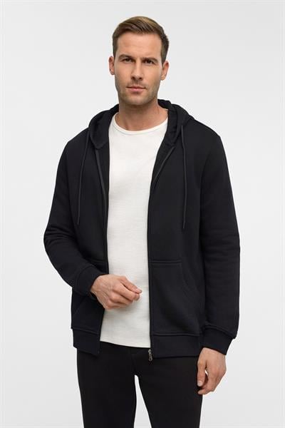 Siyah Regular Düz Bisiklet Yaka Fermuarlı Sweatshirt