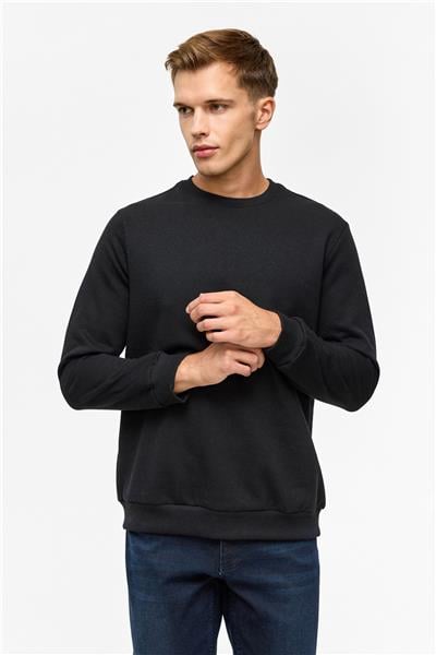 Siyah Regular Düz Bisiklet Yaka Sweatshirt
