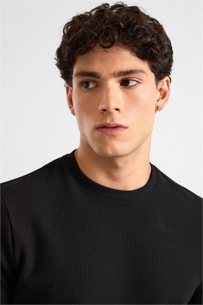 Siyah Regular Düz Bisiklet Yaka Sweatshirt