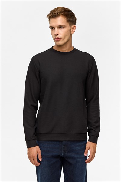 Siyah Regular Düz Bisiklet Yaka Sweatshirt