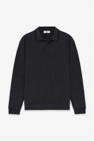 Siyah Regular Düz Fermuarlı Polo Yaka Sweatshirt