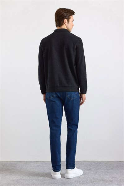 Siyah Regular Düz Fermuarlı Polo Yaka Sweatshirt
