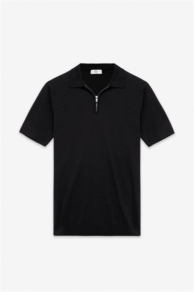 Siyah Regular Düz Fermuarlı Polo Yaka Triko Tişört