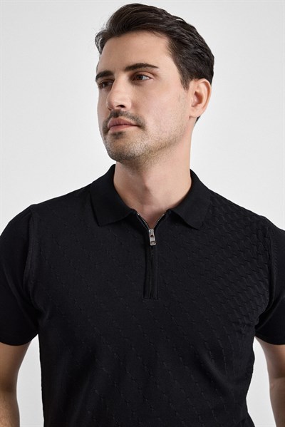 Siyah Regular Düz Fermuarlı Polo Yaka Triko Tişört