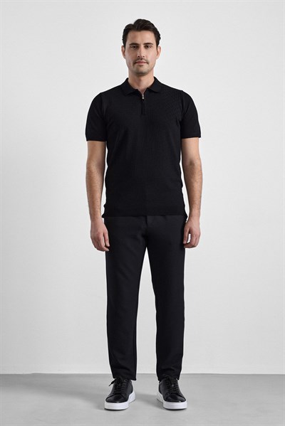 Siyah Regular Düz Fermuarlı Polo Yaka Triko Tişört