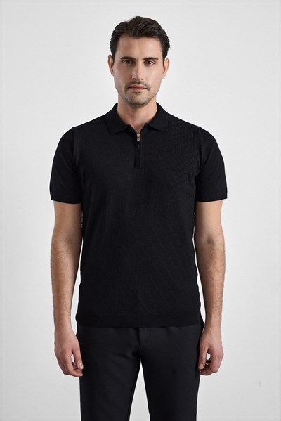 Siyah Regular Düz Fermuarlı Polo Yaka Triko Tişört
