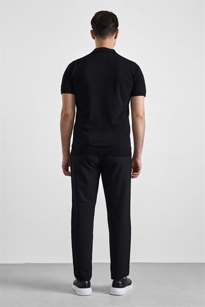 Siyah Regular Düz Fermuarlı Polo Yaka Triko Tişört