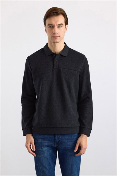 Siyah Regular Düz Fermuarlı Polo Yaka Sweatshirt