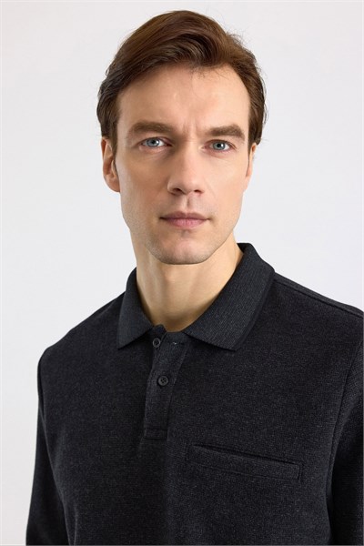 Siyah Regular Düz Fermuarlı Polo Yaka Sweatshirt