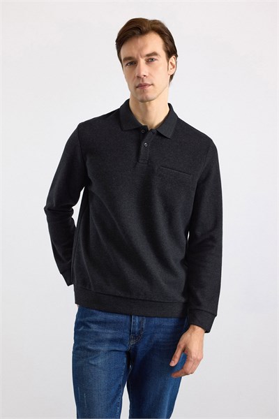 Siyah Regular Düz Fermuarlı Polo Yaka Sweatshirt