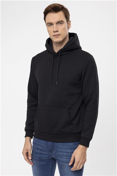 Siyah Regular Düz Kapüşonlu Yaka Sweatshirt