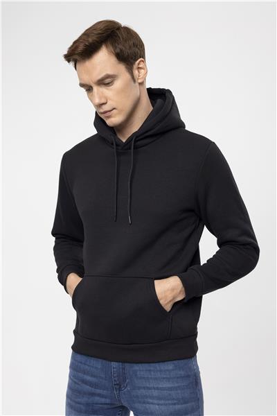 Siyah Regular Düz Kapüşonlu Yaka Sweatshirt