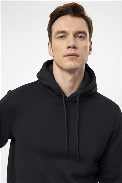 Siyah Regular Düz Kapüşonlu Yaka Sweatshirt